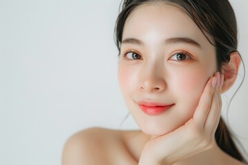 顔に手をあてる肌の綺麗な日本人女性（アジア人・白背景・背景なし）	