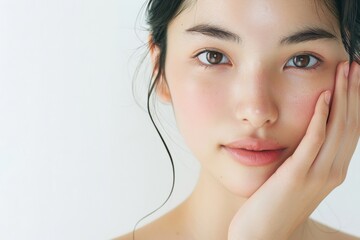 顔に手をあてる肌の綺麗な日本人女性（アジア人・白背景・背景なし）	 - obrazy, fototapety, plakaty