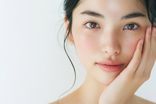 顔に手をあてる肌の綺麗な日本人女性（アジア人・白背景・背景なし）	