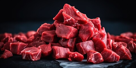 a pile of beef sliced ​​into squares on a black background