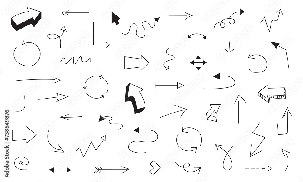 Poster doodle arrows. handwriting scribble sketch line arrowheads. arrow isolated on white background vecto