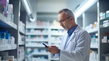 Naklejka na ściany i meble A confident male pharmacist wearing a lab coat and glasses uses a smartphone in a pharmacy. Modern technologies, Health products, Healthcare concepts.