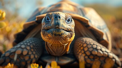 Close-up portrait of a tortoise with intricate shell patterns against a floral background