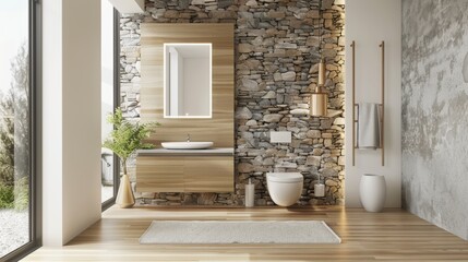 Contemporary Bathroom with Stone Accent Wall AI Generated.