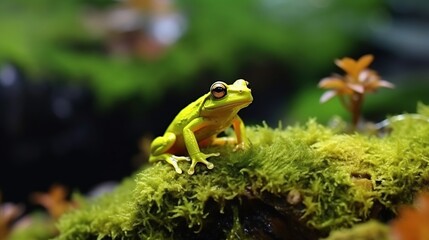 Naklejka premium Close-up shot of a green frog standing in moss