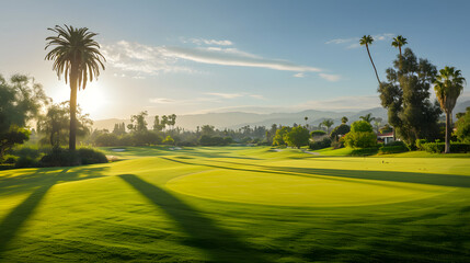 Obraz premium Diverse Golf Courses, Lush Green Fairways and Scenic Backdrops, golf course in the morning, course in summer