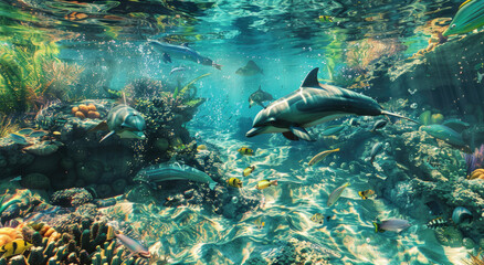 dolphins and fish in shallow water