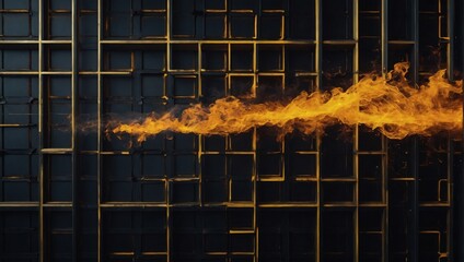 Voxel art elements, incorporating a dark abstract wall, intense yellow and black fire, and a structured grid design for a futuristic vibe.
