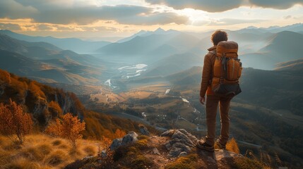 Solo traveler with backpack standing on mountain peak during fall.