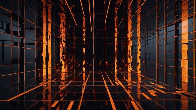 A modern voxel art scene with a dark abstract wall, vibrant orange and black flames, and a grid pattern for a sleek and contemporary aesthetic. 