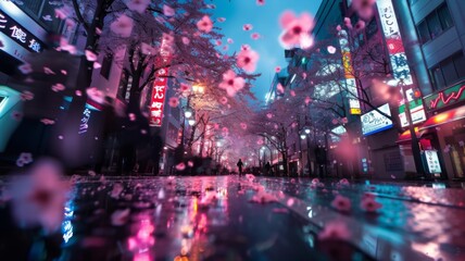 Neon Glow Cherry Blossom Avenue - The magical glow of cherry blossoms on a lively avenue, reflecting the neon urban vibrancy.