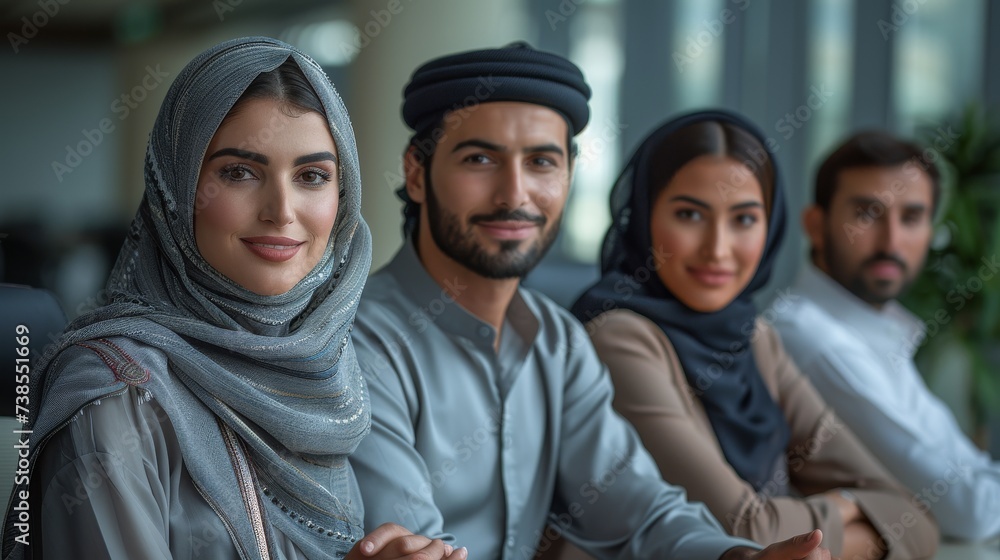 Wall mural middle-eastern executives in traditional clothes sitting in a meeting room