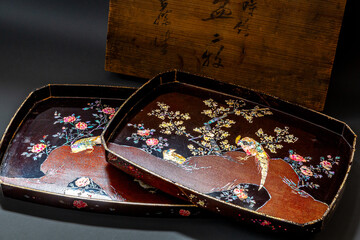 螺鈿　江戸　お盆　骨董　アンティーク　ヴィンテージ　幕末　木箱　大盆