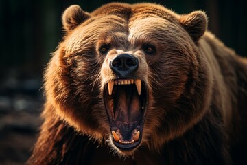 A grizzly bear captured mid-roar in the wilderness. - obrazy, fototapety, plakaty