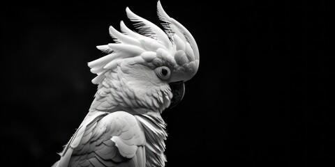 Fototapeta premium Drama is accentuated by an Elegant Cockatoo with Crest Raised against a Pure Black Background