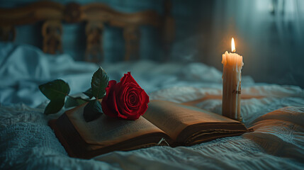 Graceful allure: a red rose atop a book, weaving tales of passion and romance. Let the bloom unfold stories, each petal a chapter of love's timeless journey.