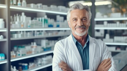 A professional confident senior male medical worker, pharmacist in a lab coat, crosses his arms over his chest and looks at the camera in the pharmacy. - obrazy, fototapety, plakaty