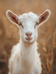 Obraz premium The Earthy Brown Backdrop enhances the Natural Vibes of a Friendly Goat Smiling at the Camera