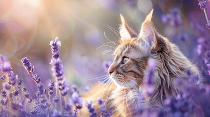 Majestic Maine Coon Cat, Serene Lavender Background for Calming Effect