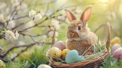 Fototapeta na wymiar Easter Bunny with easter eggs in a basket