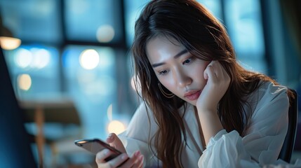 young busy stressed upset Asian business woman holding cellphone using mobile phone, looking at smartphone feeling tired frustrated reading bad news.