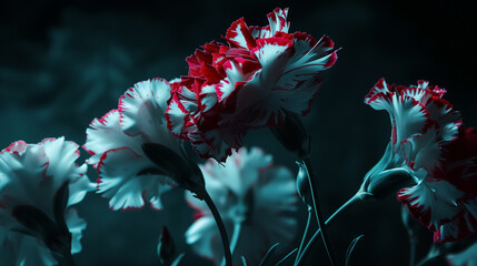 Carnation flowers in moody, dark lighting. - obrazy, fototapety, plakaty