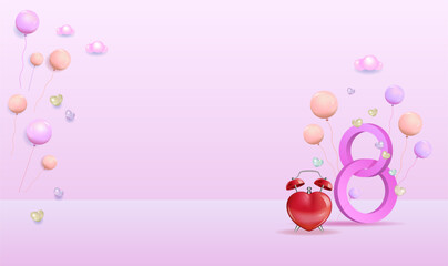 International Women's Day banner
with balloons, 3d vector image. Copy space