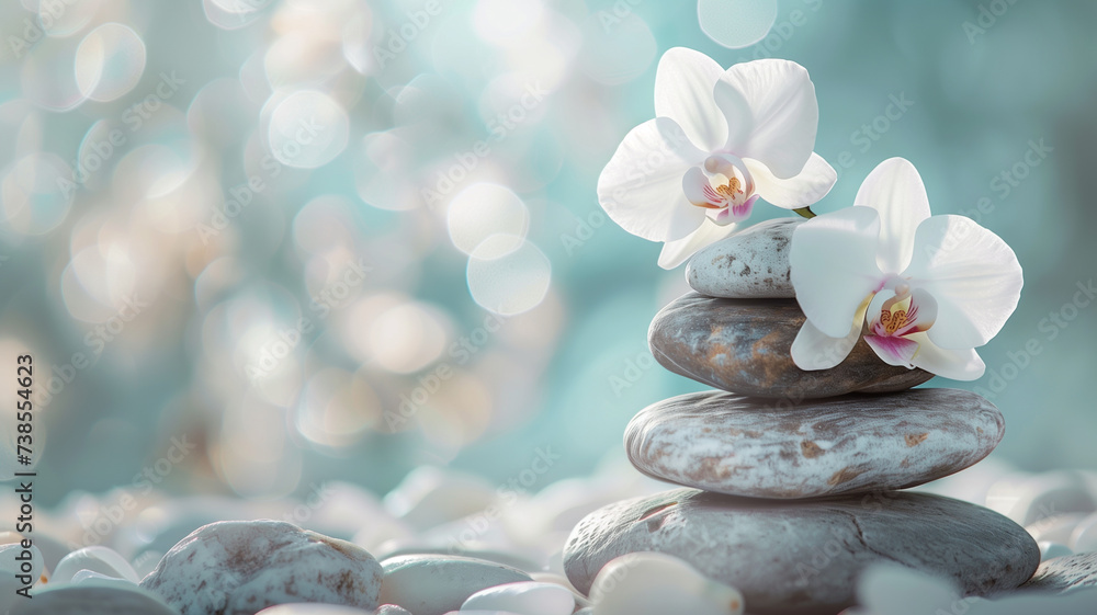 Poster elegant white orchids rest atop a stack of smooth zen stones, creating a symbol of balance and tranq