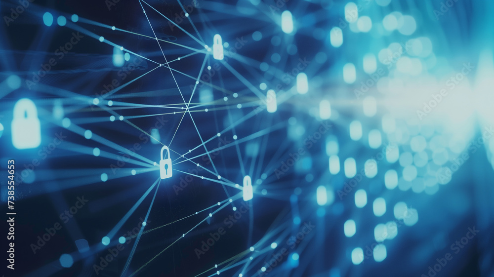 Aufkleber an abstract representation of a secure digital network, with glowing padlocks symbolizing robust cyb