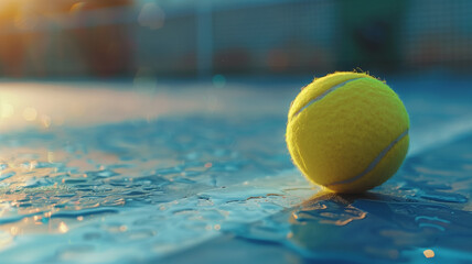 A vibrant tennis ball rests on a glistening wet tennis court, capturing the pause in action after a rainfall. - obrazy, fototapety, plakaty