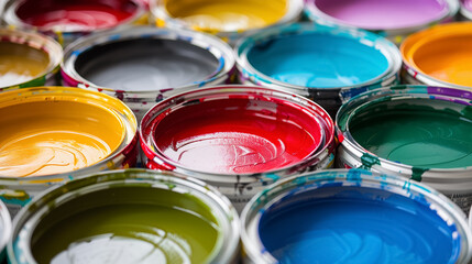 Open paint cans with various bright colors.