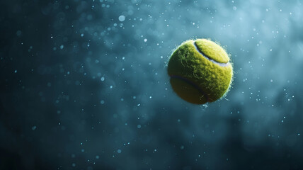 A tennis ball frozen in motion, surrounded by a mist of fine water droplets, captures the dynamic energy of the game - obrazy, fototapety, plakaty