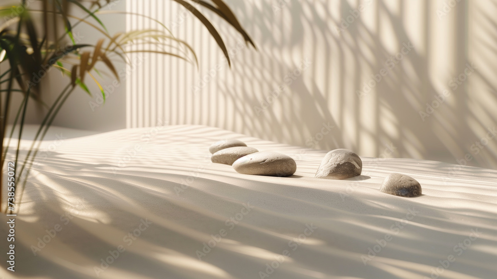Poster a meticulously arranged zen garden with patterns in the sand complemented by a harmonious assortment