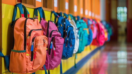 A vibrant array of colorful backpacks hangs against school lockers, signifying the excitement and diversity of school life