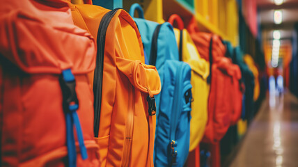A vibrant array of colorful backpacks hangs against school lockers, signifying the excitement and diversity of school life