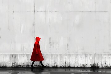 a girl wearing a red hoodie raincoat walking on a street with large white concrete wall on a black...