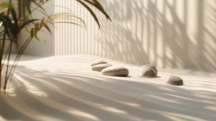Papier Peint photo Lavable Pierres dans le sable A meticulously arranged Zen garden with patterns in the sand complemented by a harmonious assortment of smooth stones, creating a tranquil and meditative space