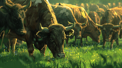 Close-up of a herd of bulls feeding on a green field. - obrazy, fototapety, plakaty