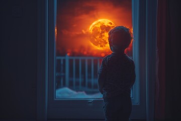 a young boy is looking at the moon in red from a house, dark sky and shiny moon