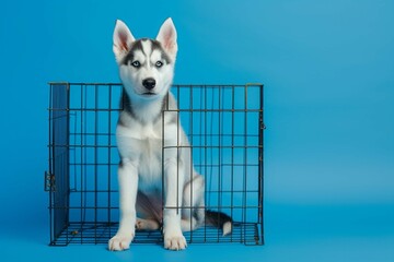 Husky dog puppy sitting inside of a close cage on isolated blue background with space for copy