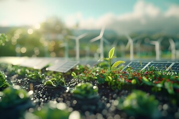 Sustainable Landscape with Solar Panels and Wind Turbines