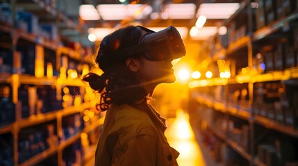 Woman in Warehouse with Virtual Reality Headset