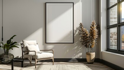 mock-up of a vertical poster frame in a modern living room