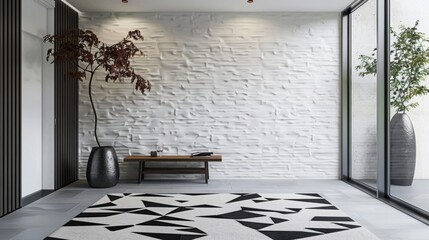 Modern Entrance Hall with Minimalist Design, White Textured Wall, and Geometric Rug