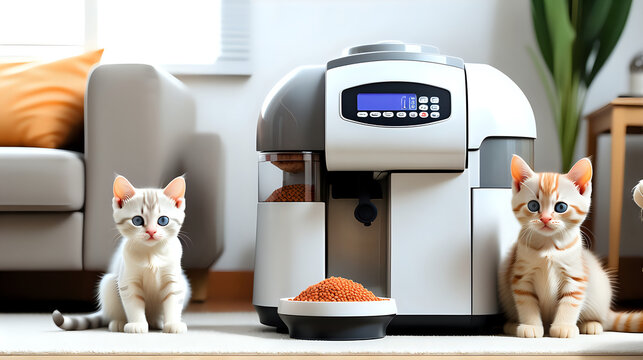 Cat and kitten with minimal automatic food machine, living room background, bright tone