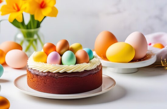 Painted Easter eggs and Easter cake on a white plate in a white spacious kitchen.