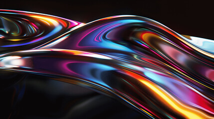 Dynamic Glass Waves with Neon Light Reflections on Black Background