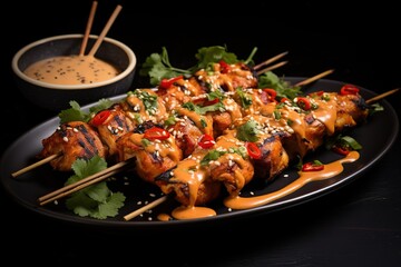a delicious satay ready to be served on a special plate with a hat of satay filling, appetizing food, posters, advertisements, etc.
