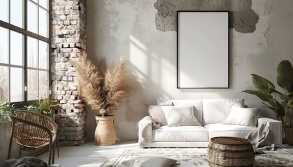 mock-up of a vertical poster frame in a modern living room - obrazy, fototapety, plakaty
