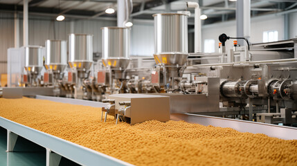 Factory of dog and cat feed dry food production pelleted animal feed, Pet food industry - obrazy, fototapety, plakaty